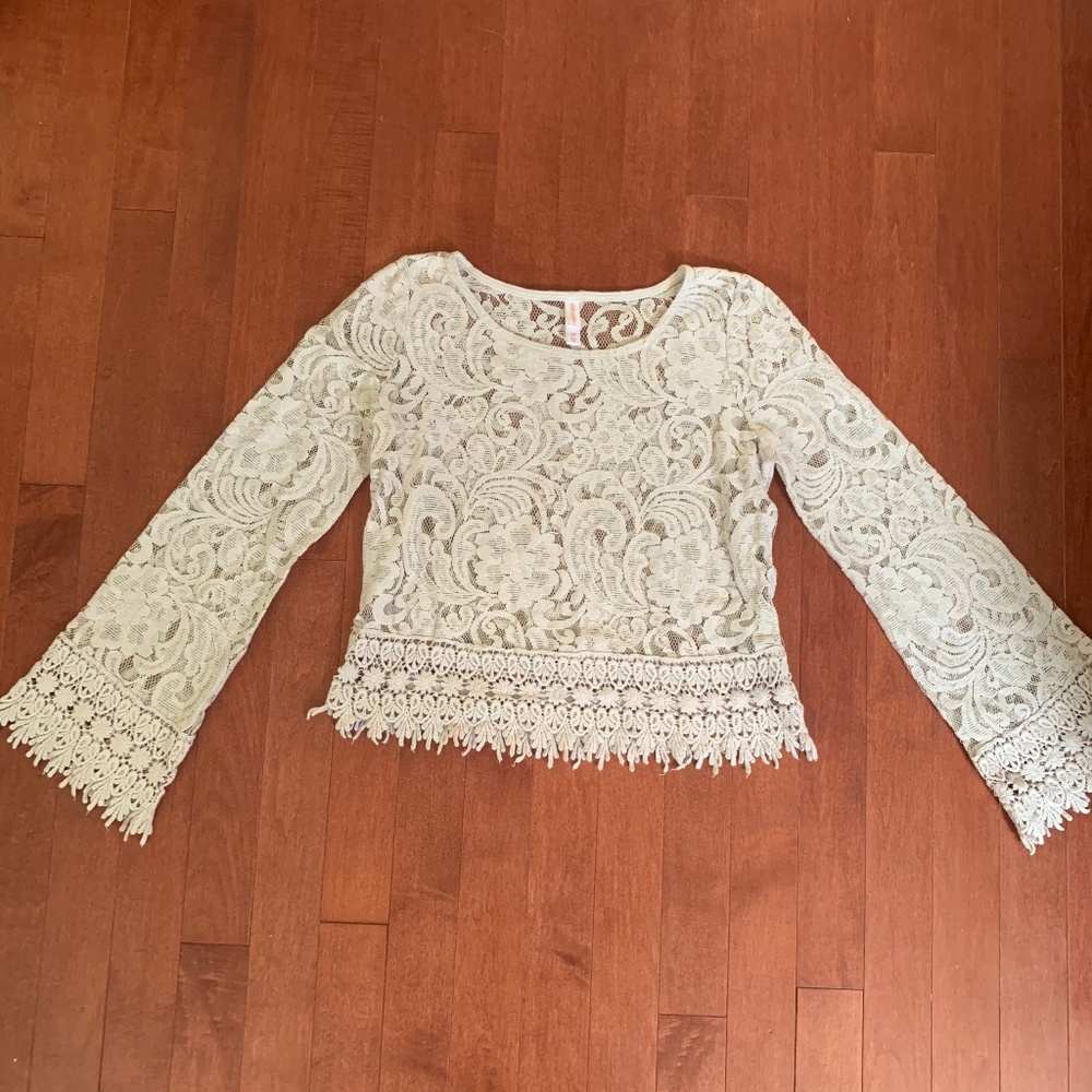 Gray Lace Boho Shirt w/ Bell Sleeves